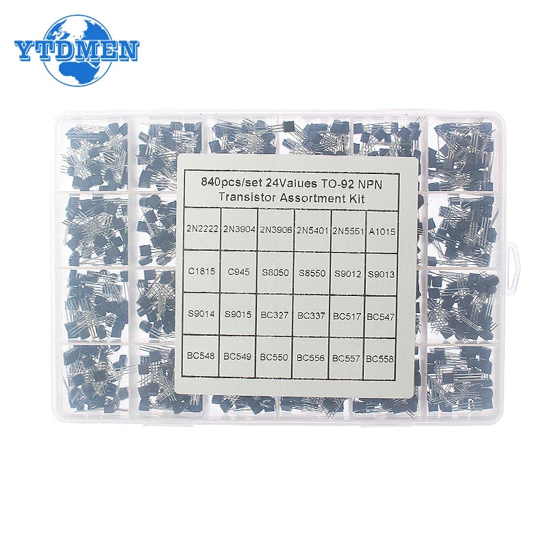 Kit Surtido Transistores TO-92 en Caja (BC547/BC327/BC337/2N2222/3906/C945, PNP/NPN) Set Electrónico (200/480/840 Piezas)