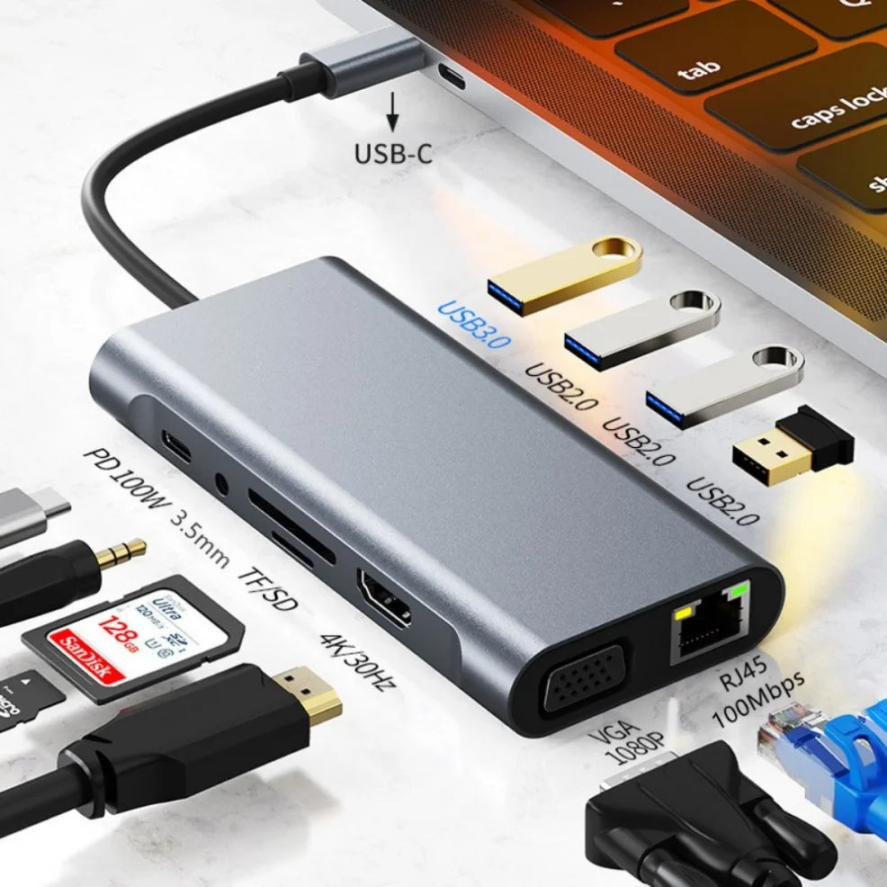 Hub USB-C Docking Station 11-en-1 Tipo-C a HDMI 4K, VGA, RJ45, PD 100W, USB para PC Accesorios Computador
