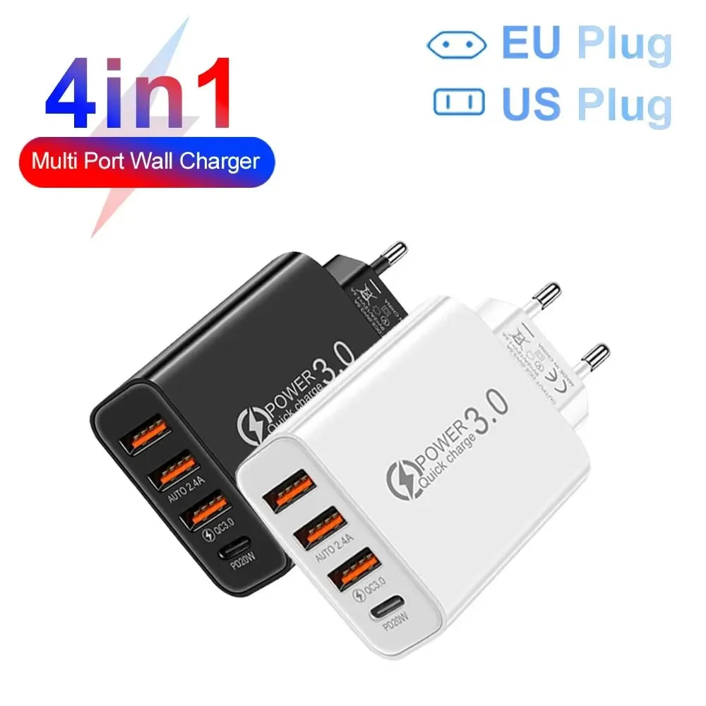 Cargador Pared Múltiple 4 Puertos USB (Total 60W) Carga Rápida PD Tipo C Adaptador Móvil para Xiaomi/iPhone 14/15/Samsung S24