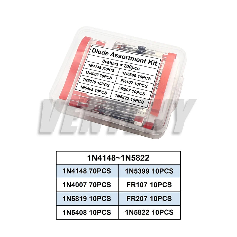 Kit Surtido Diodos THT (Rectificador/Schottky/Switching) - Varios Tipos (1N400x, 1N58xx, FRxxx, etc.) - 100/200 Piezas
