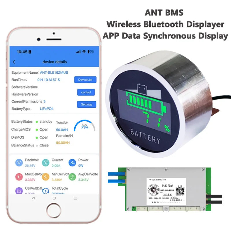 Display Lector BMS Inalámbrico Bluetooth ANT - Pantalla Indicadora Voltaje/Capacidad Batería Litio