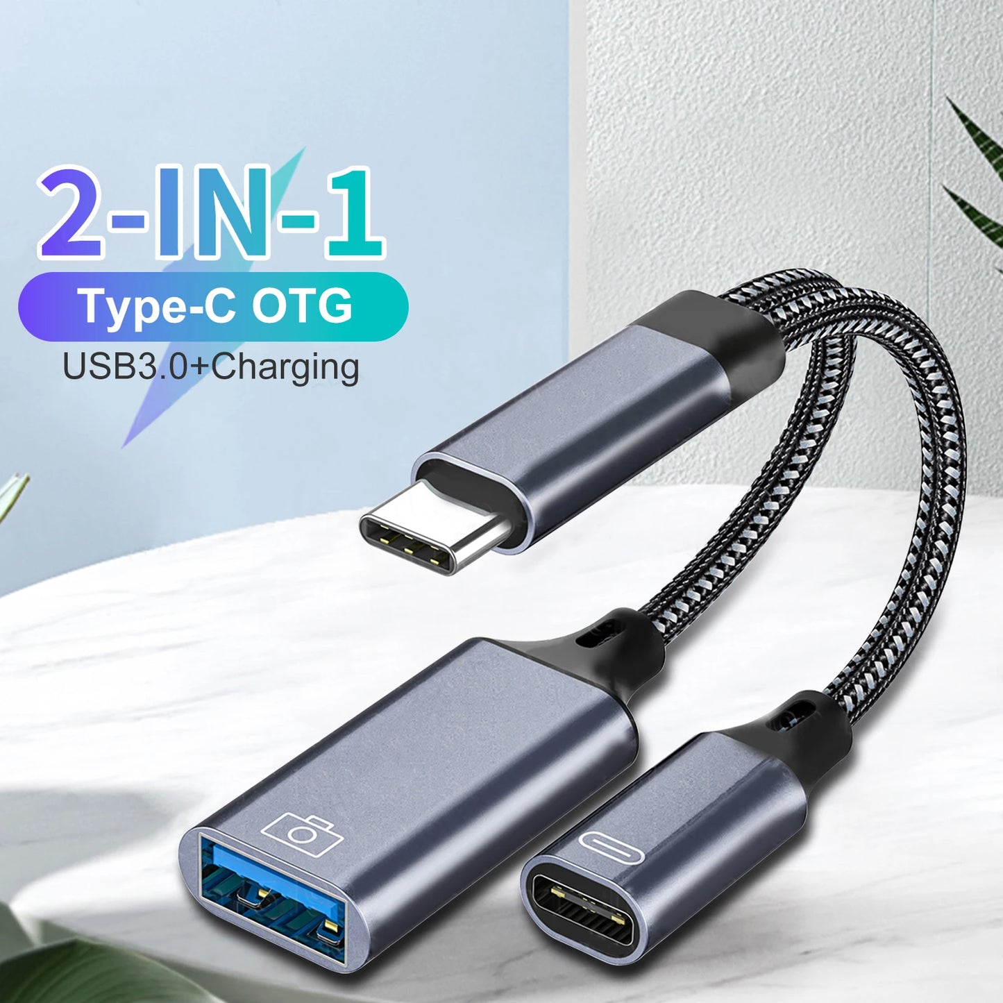Adaptador OTG 2-en-1 USB-C a USB con Puerto Carga PD para Samsung/Huawei/Xiaomi/Laptop/Tablet