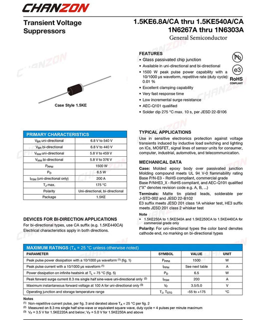 Diodo TVS 1500W DO-27 - Varios Voltajes (6.8A a 440A) - Lote 20 Piezas