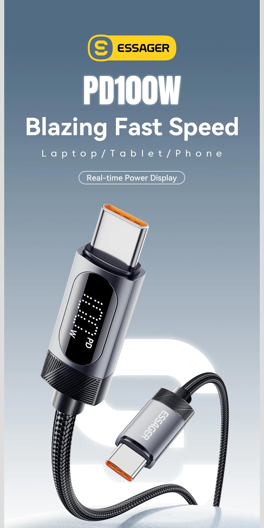 Cable Essager USB-C a Tipo C PD 100W Carga Rápida con Pantalla Digital para iPhone 15/16/Xiaomi/Huawei/Macbook/iPad