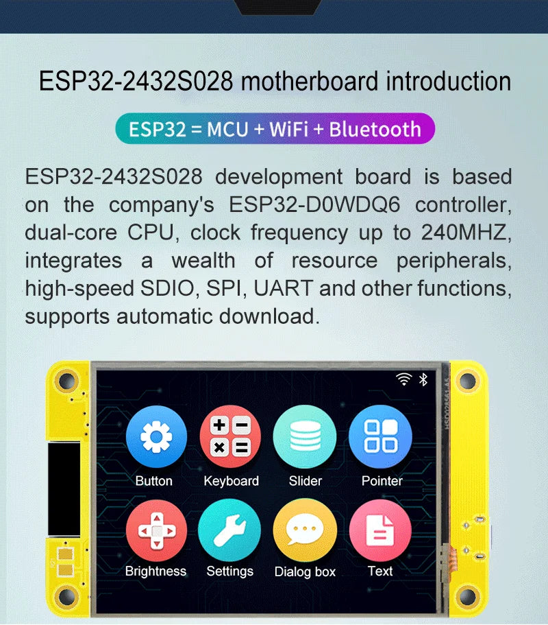 Placa Desarrollo ESP32 LVGL Arduino (WROOM) con Pantalla Táctil LCD TFT 2.8" (240x320) WiFi y Bluetooth