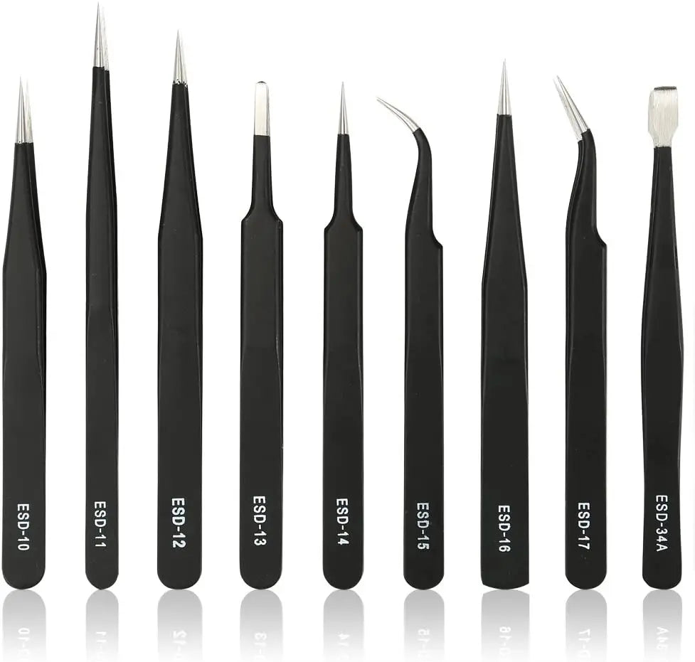 Set Pinzas ESD Antiestáticas Acero Inoxidable Binoax (Puntas No Magnéticas) para Electrónica/Soldadura/Artesanía (6/9/10 Piezas)