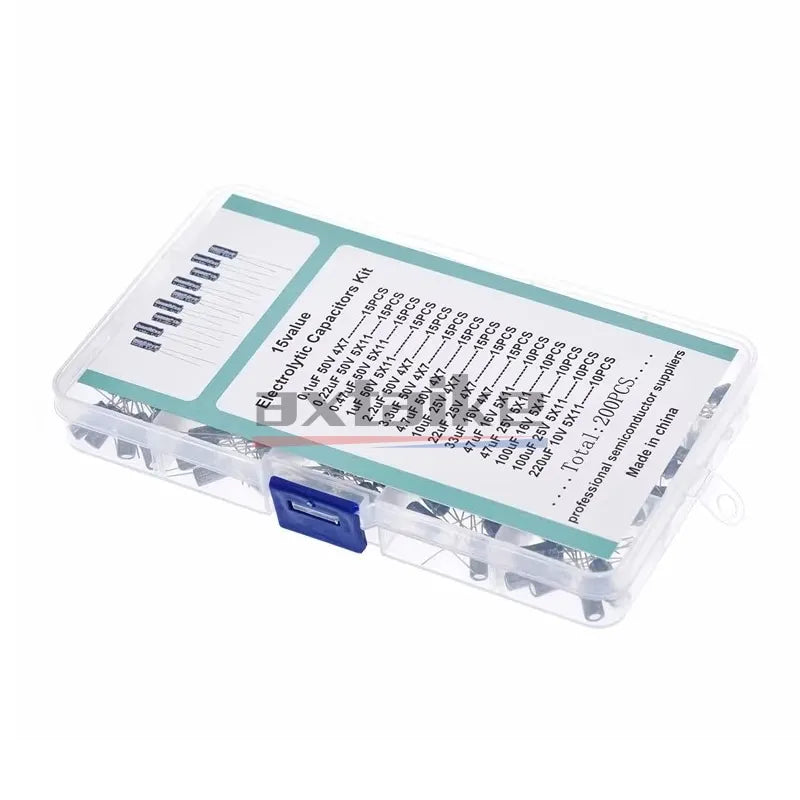 Kit Surtido Capacitor Electrolítico Aluminio (0.1uF-1000uF, 16V/25V/50V) con Caja - Pack 120/200/500 Piezas