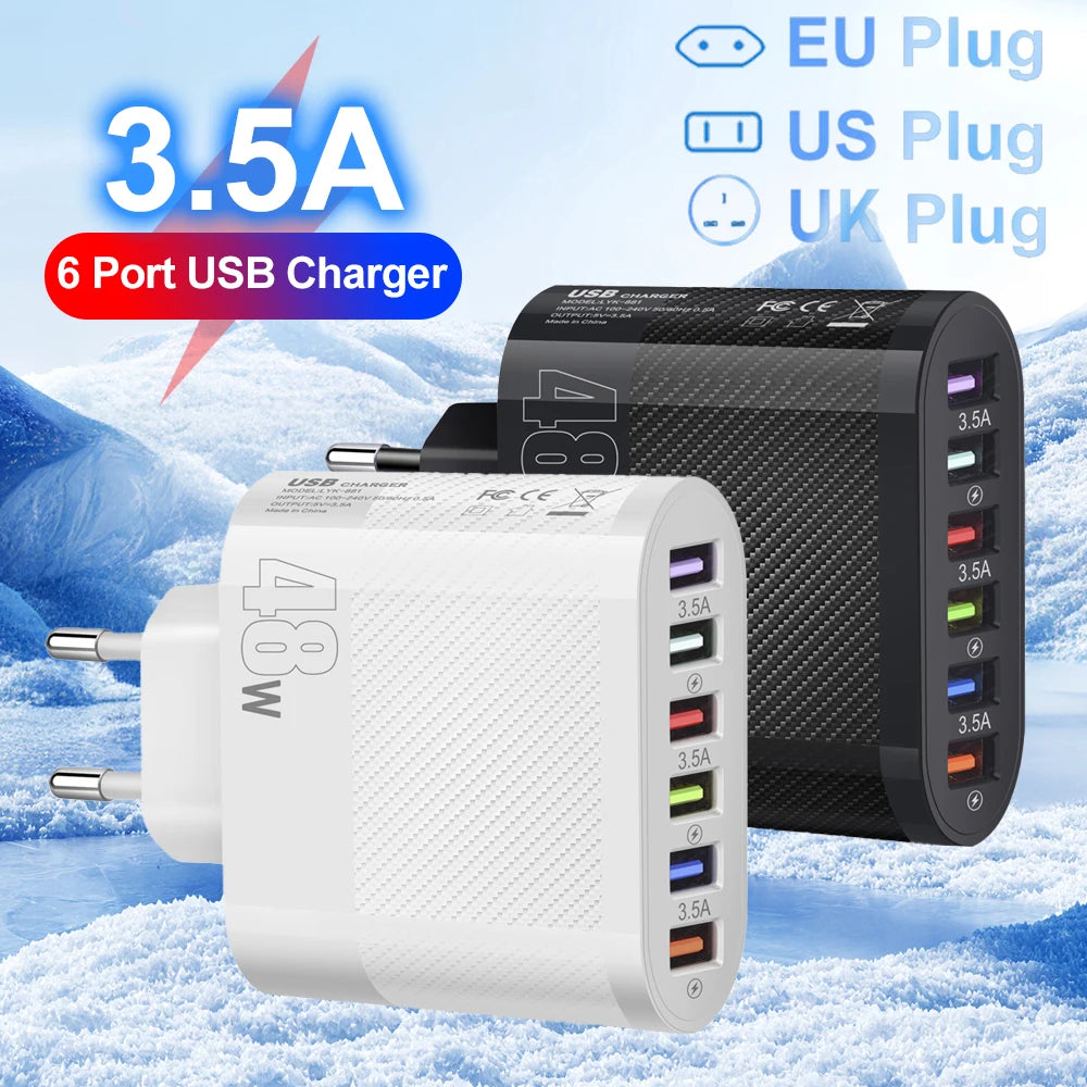 Cargador Pared Rápido USB 6 Puertos (6 en 1) Adaptador Carga para Samsung S22/S23, Xiaomi