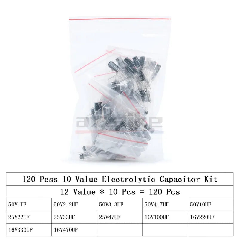 Kit Surtido Capacitor Electrolítico Aluminio (0.1uF-1000uF, 16V/25V/50V) con Caja - Pack 120/200/500 Piezas