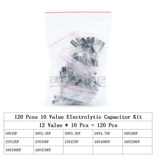 Kit Surtido Capacitor Electrolítico Aluminio (0.1uF-1000uF, 16V/25V/50V) con Caja - Pack 120/200/500 Piezas