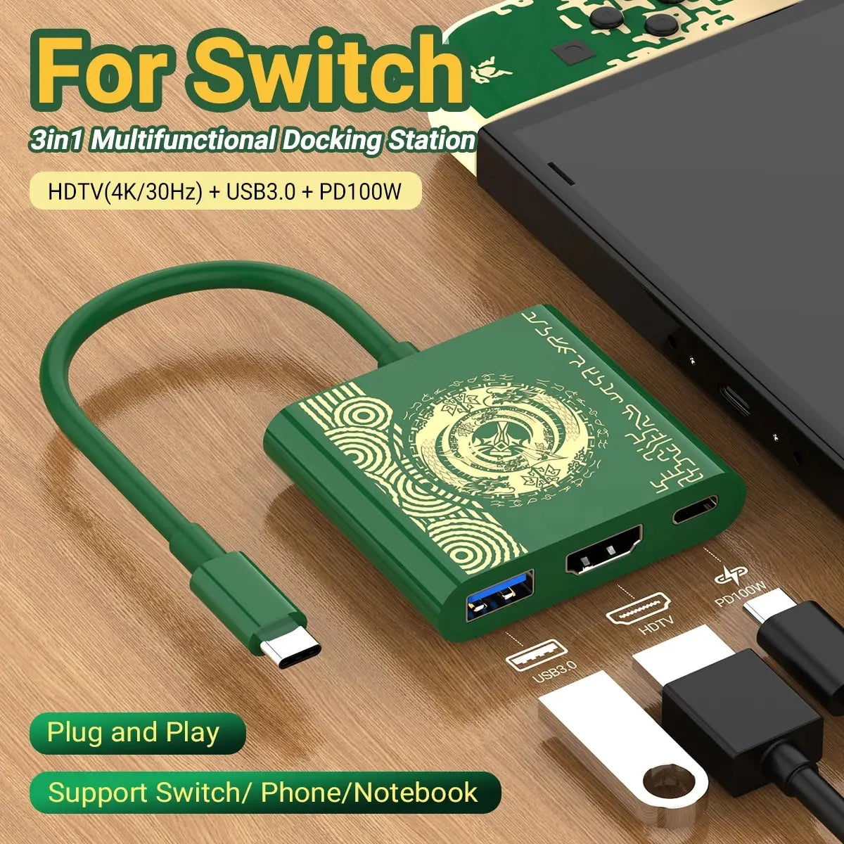 Docking Station PD100W para Nintendo Switch/OLED/Steam Deck/Teléfono/iPad/Laptop (Modo TV, USB-C a HDTV 4K)