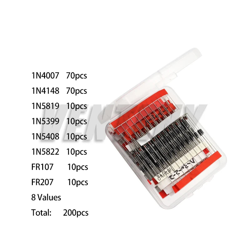 Kit Surtido Diodos THT (Rectificador/Schottky/Switching) - Varios Tipos (1N400x, 1N58xx, FRxxx, etc.) - 100/200 Piezas