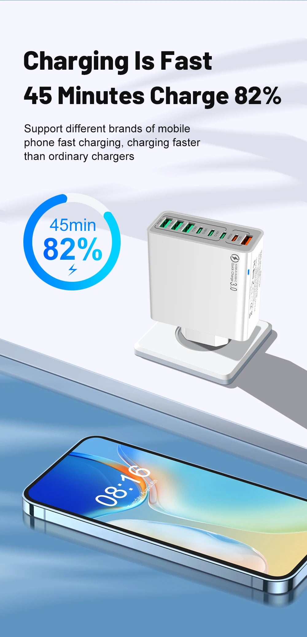 Cargador Pared USB 8 Puertos (Total 65W) Carga Rápida (PD Tipo C, QC 3.0) Adaptador para iPhone 14/15 Pro Max/Xiaomi/Samsung