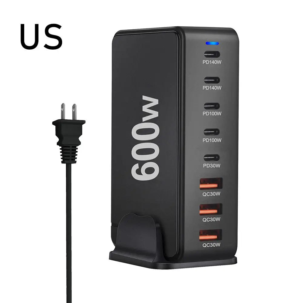 Cargador Escritorio GaN 600W PD3.1 Multifunción 28V/5A USB-C Adaptador US/EU/UK/AU Ahorro Energía