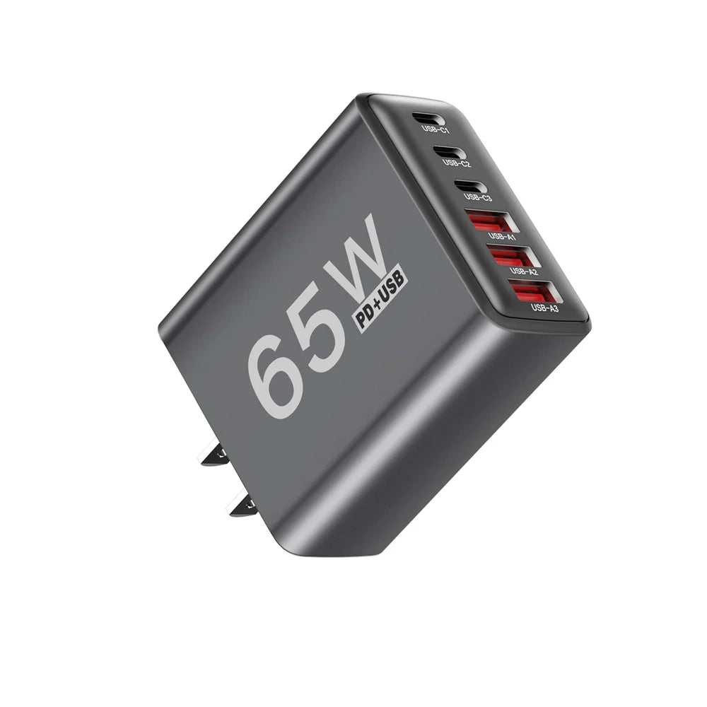 Cargador Pared USB C Múltiple 6 Puertos 65W Carga Rápida Total PD Adaptador Móvil para iPhone 15/16 Pro/Xiaomi/Samsung