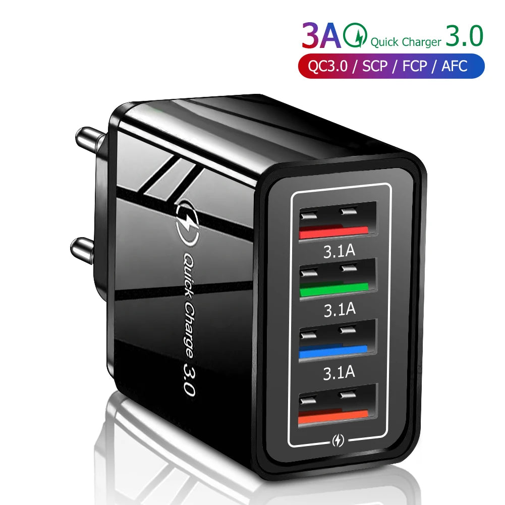 Cargador Pared USB 4 Puertos Carga Rápida QC 3.0 (3A) Adaptador Móvil Portátil Enchufe EU/US para iPhone 16 Pro