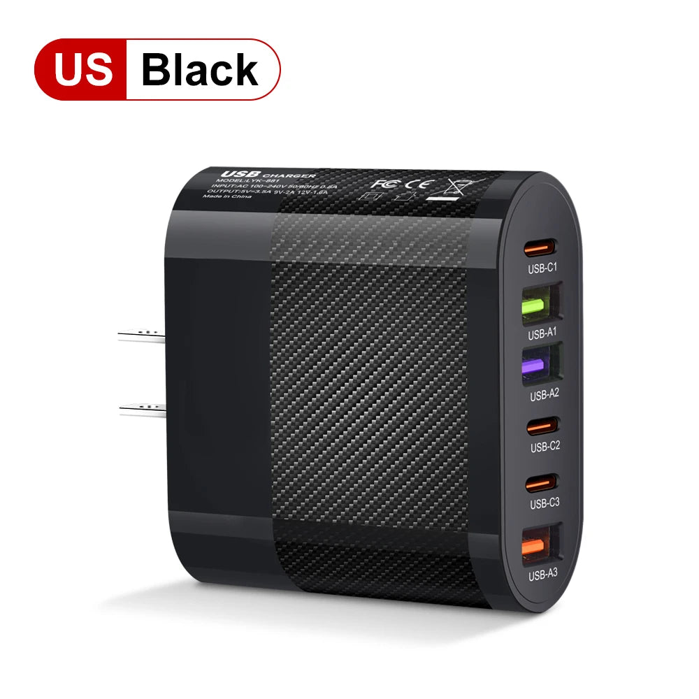 Cargador Pared USB C Múltiple 6 Puertos 65W Carga Rápida PD Adaptador Móvil para iPhone 14/15 Pro/Xiaomi/Samsung/Oneplus