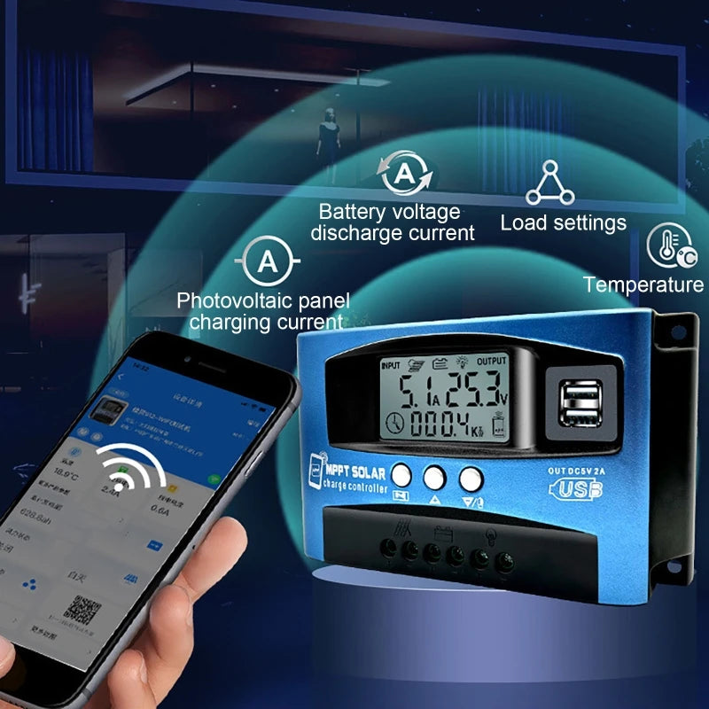 Controlador Carga Solar MPPT 30A-100A 12V-60V Bluetooth LCD Dual USB para Batería Plomo-Ácido/Litio