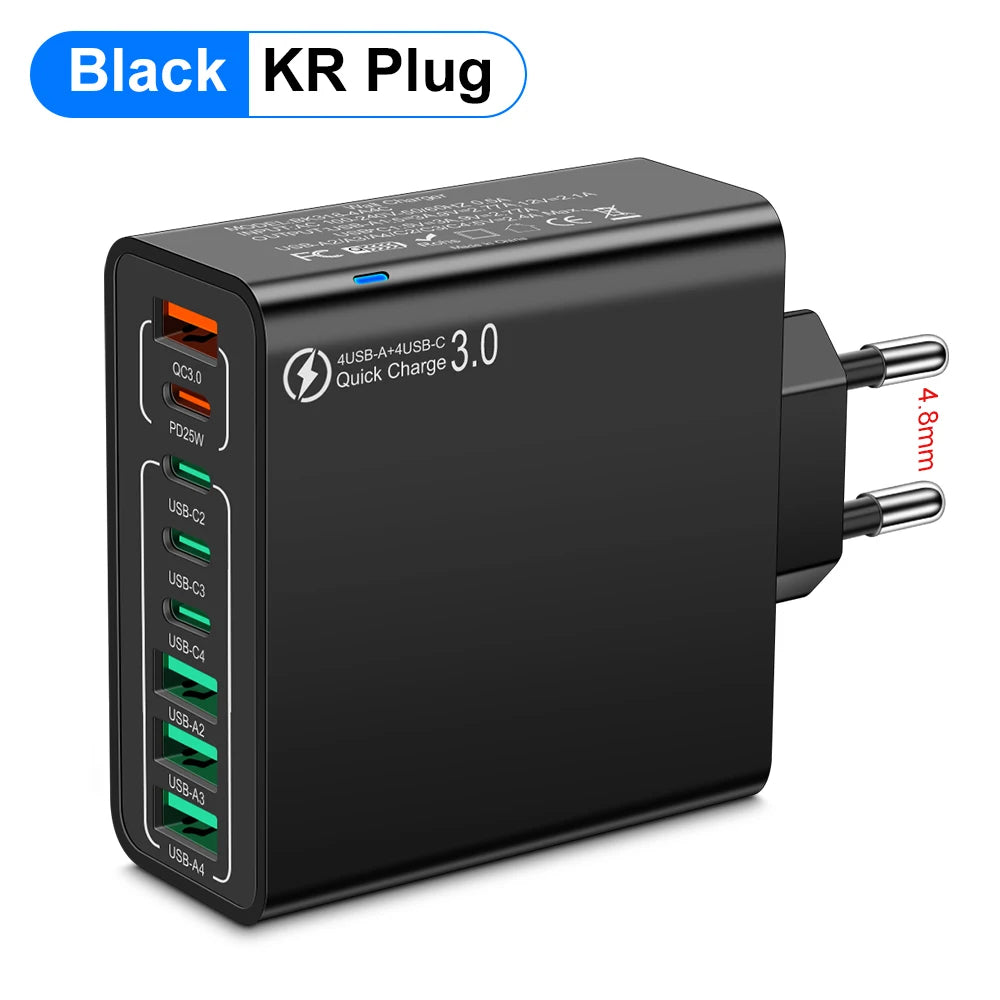 Cargador Pared USB 8 Puertos (Total 65W) Carga Rápida (PD Tipo C, QC 3.0) Adaptador para iPhone 14/15 Pro Max/Xiaomi/Samsung