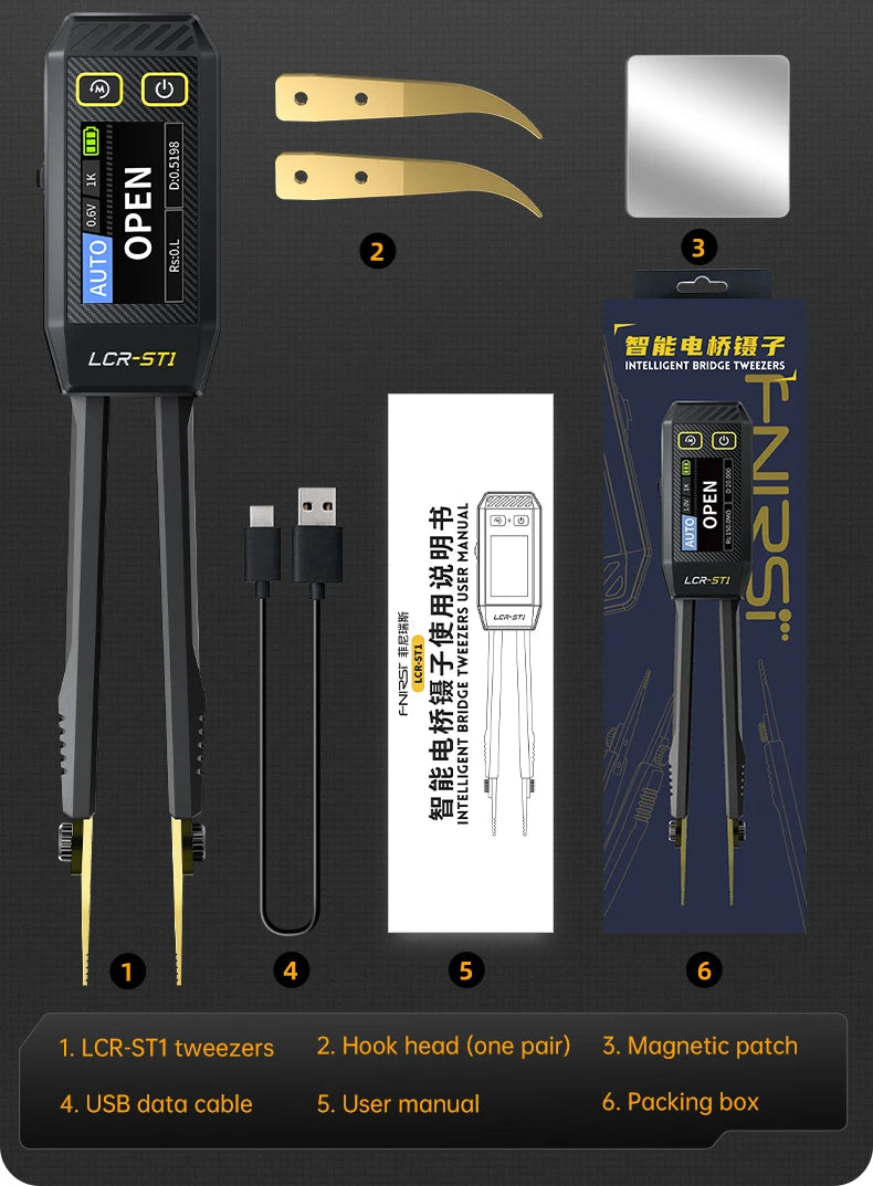 Mini Tester Inteligente FNIRSI LCR-ST1 (Tipo Pinza) - Medidor LCR/SMD/ESR, Continuidad, Diodo