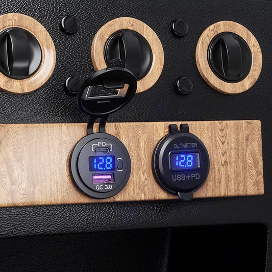 Cargador USB Auto/Camión PD 60W + QC 3.0 con Switch LED Voltímetro 12V/24V Carga Rápida