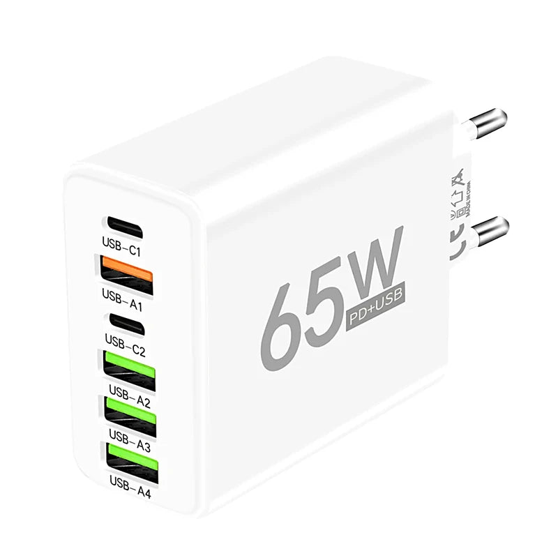 Cargador Pared USB Tipo C 6 Puertos Carga Rápida PD para iPhone 14/15 Pro Max/Samsung/Xiaomi/Huawei
