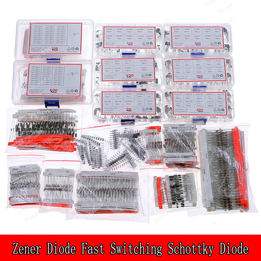 Kit Surtido Diodos (Rectificador/Zener/Schottky Rápido/Switching) DIP/SMD (1N4148, 1N4007, 1N5819, FR107, etc.)