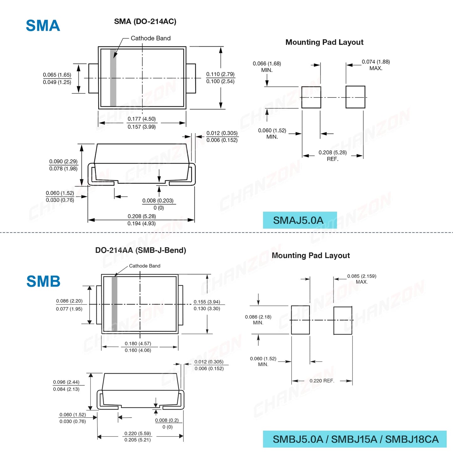 50Pcs 100% Original SMAJ5.0A SMBJ5.0A SMBJ15A SMBJ18CA TVS Diode SMA SMB 800uA 1.0uA 5V 15V 18V 400W 600W Unidirectional Channel