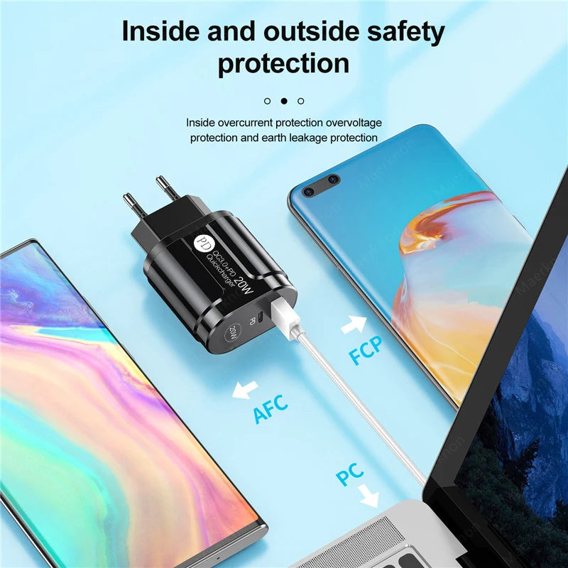 Cargador USB Doble Puerto (Quick Charge 3.0, PD 20W Tipo C) Adaptador Carga Rápida para iPhone 13/12Pro/Huawei/Xiaomi/Samsung