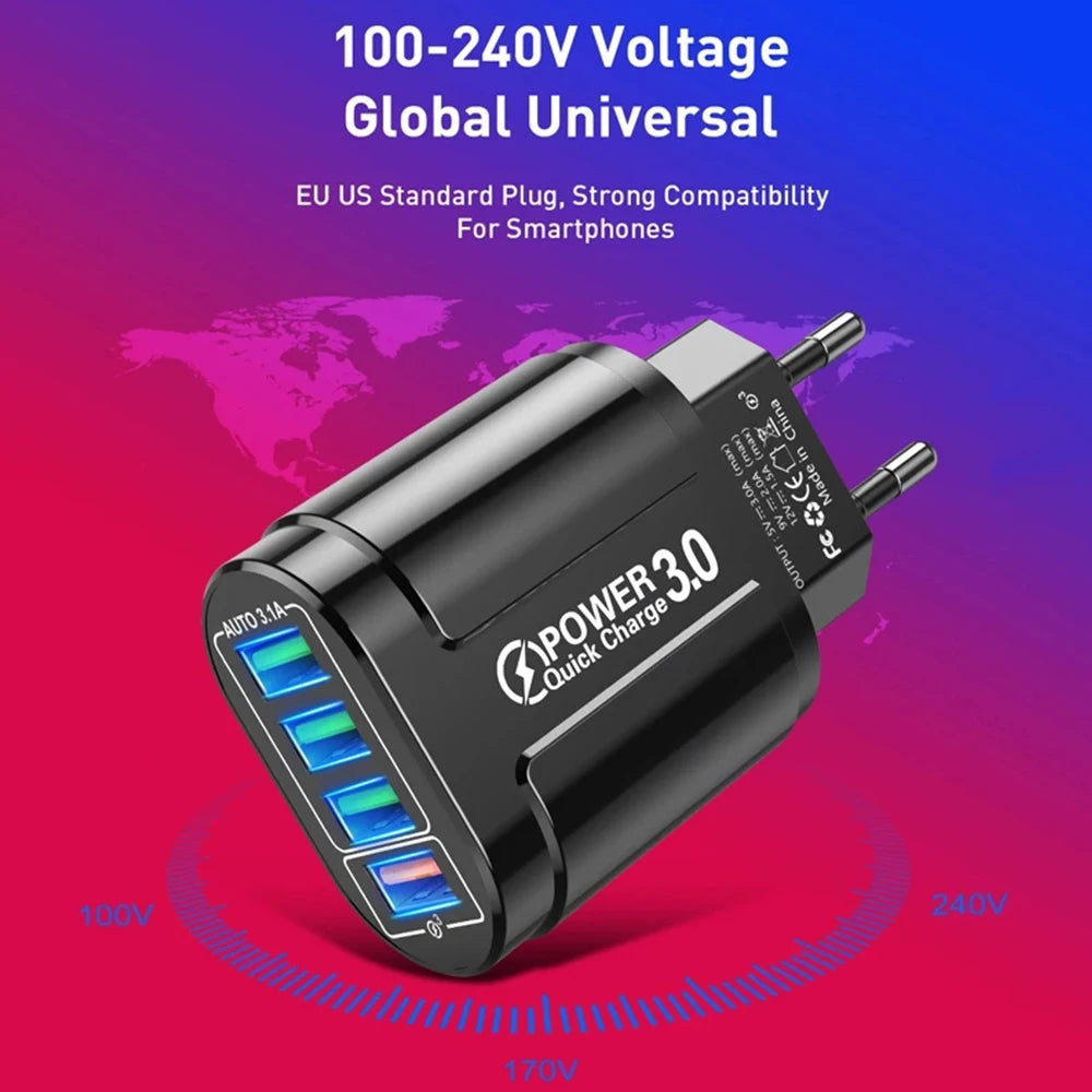 Cargador Rápido Viaje Portátil QC3.0 4 Puertos USB 48W (Enchufe EU) para Android/iPhone/Xiaomi
