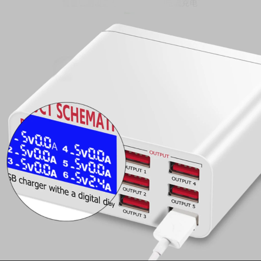 Cargador Escritorio USB 8A QC 3.0 (6 Puertos) con Pantalla LCD Carga Rápida Inteligente para Móvil/Tablet