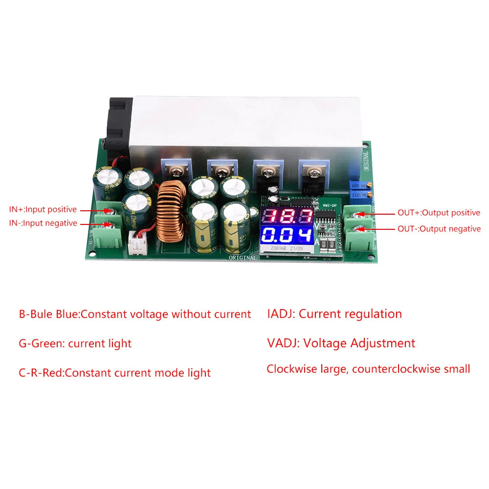 Módulo Fuente Alimentación Step-Down DC 12V-80V a 2.5V-50V 600W 25A Buck Alta Potencia con Ventilador CC/CV