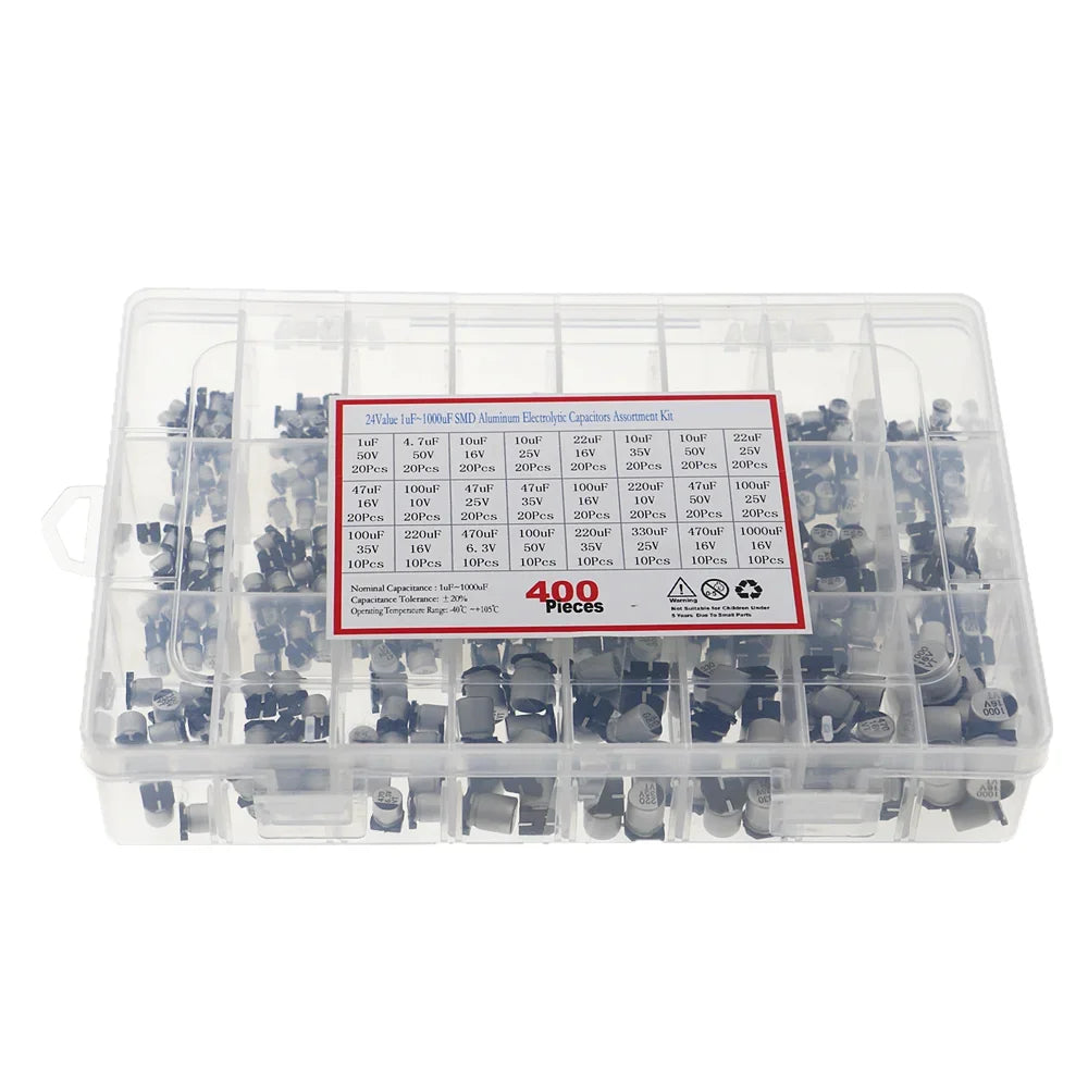 Kit Surtido Capacitor Electrolítico Aluminio SMD (1uF-1000uF, 6.3V-50V, 24 Valores) - Pack 400 Piezas