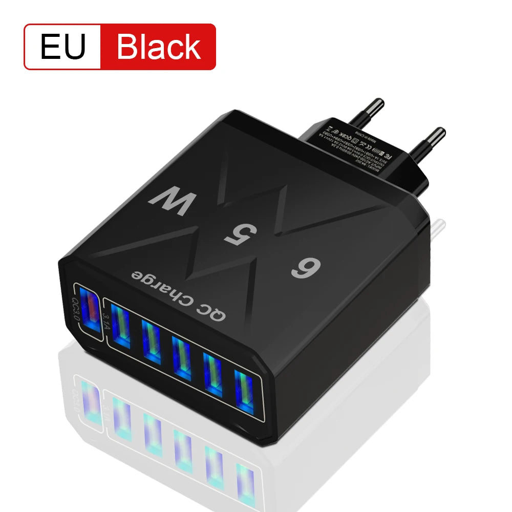 Adaptador Cargador Viaje Rápido USB 3.1A 6 en 1 Multi-Enchufe QC3.0 para iPhone 12/13/Samsung/Xiaomi