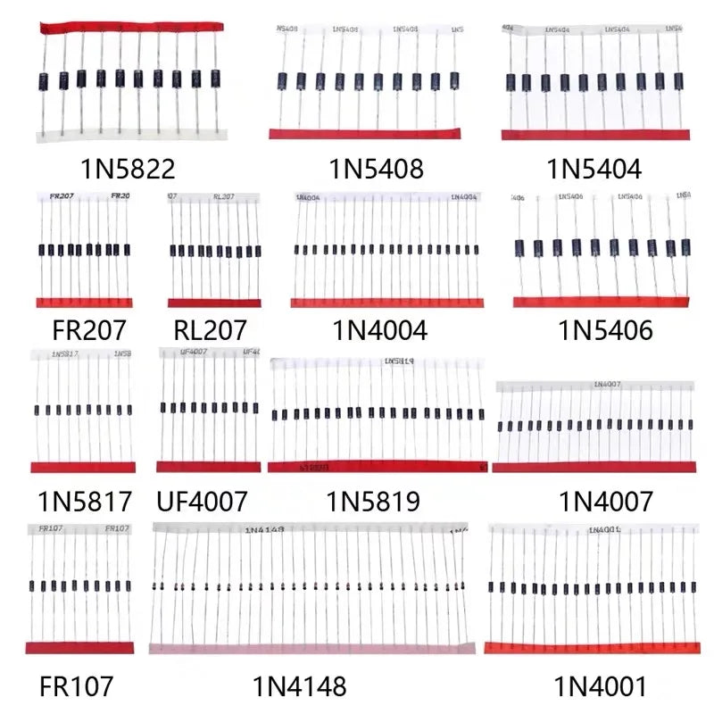 Kit Surtido Diodos THT (Rectificador/Schottky/Switching) - 14 Valores (1N400x, 1N58xx, FRxxx, etc.)