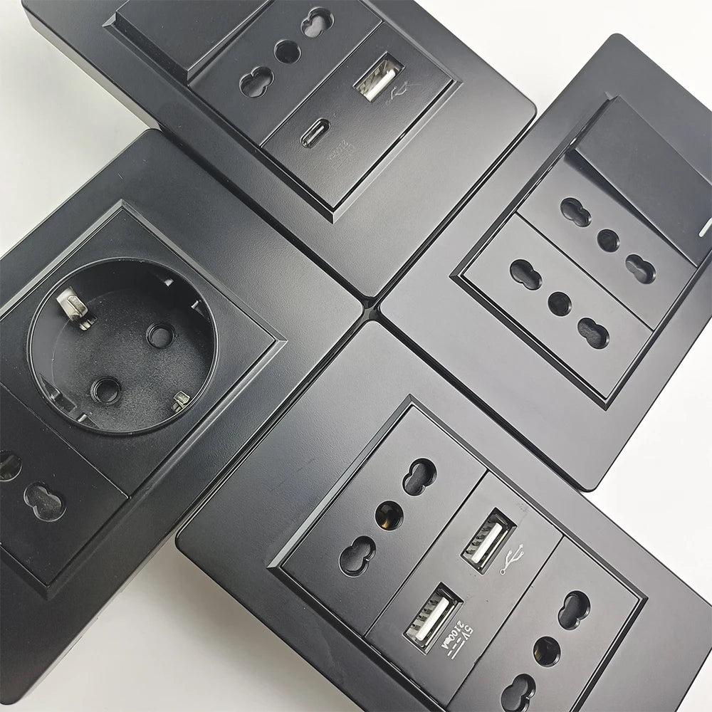 Enchufe Pared Delefu Italia/Chile PC Negro USB-C Carga Rápida + Schuko + Switch Smart Tuya WiFi + SAT/TV/TEL/Timbre