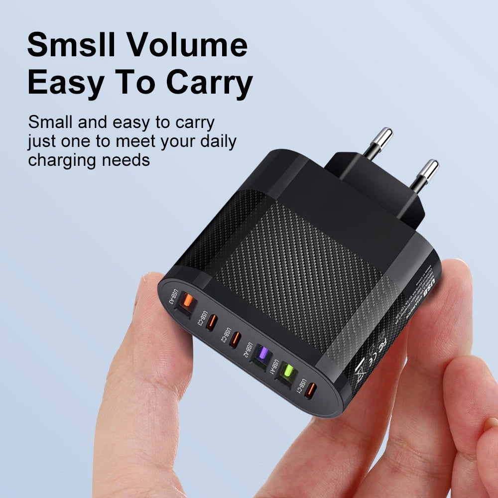 Cargador Pared USB C Múltiple 6 Puertos 65W Carga Rápida PD Adaptador Móvil para iPhone 14/15 Pro/Xiaomi/Samsung/Oneplus