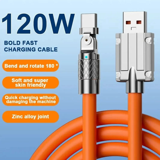 Cable USB Carga Rápida 120W 6A con Codo Rotatorio 180° para iPhone XS/11/12/13/Samsung/Huawei/Xiaomi/OPPO (Tipo C)
