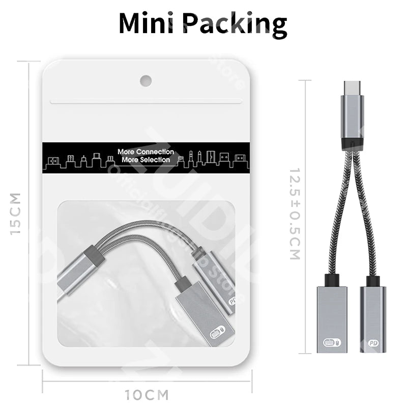 Adaptador Cable Carga USB-C OTG 2-en-1 PD 60W + USB 2.0 Data Converter para iPad Pro/Samsung/Huawei/Xiaomi/Laptop/Tablet
