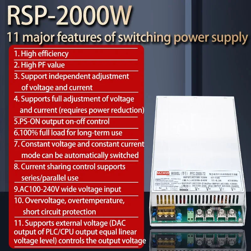 Fuente Alimentación Switching PFC MZMW 2000W Voltaje/Corriente Ajustable 0-24V a 220V CC/CV AC 100-240V a DC