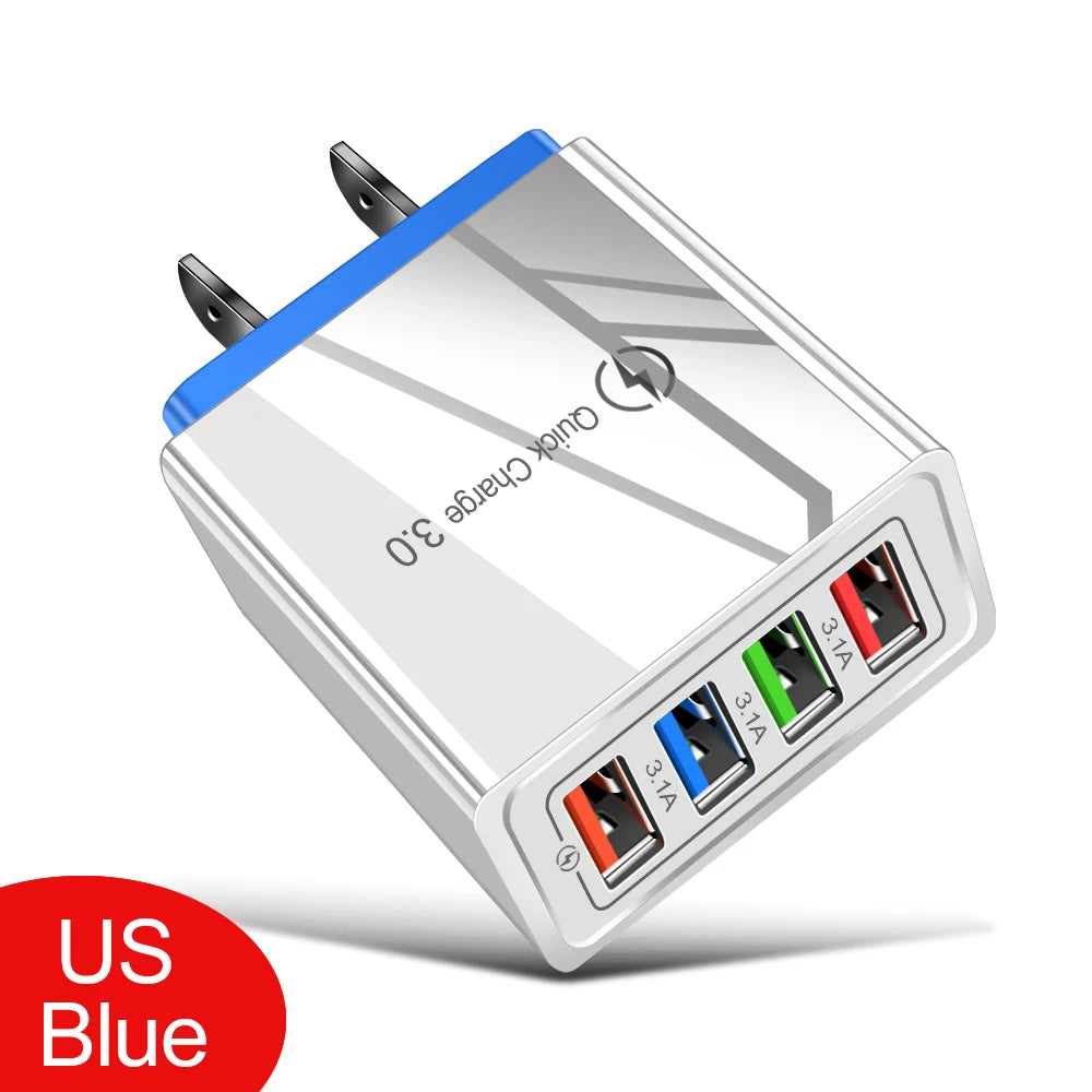 Cargador Pared USB 4 Puertos Quick Charge 3.0 Carga Rápida para iPhone 15/14/Samsung/Xiaomi (Enchufe EU/US)