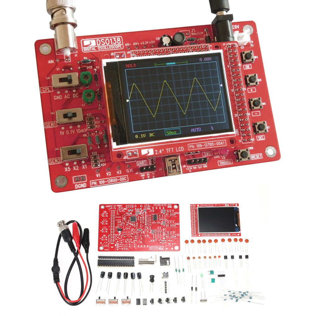 Kit Osciloscopio Digital DIY DSO138 (Código Abierto) con Sonda Cocodrilo y Case Acrílico + Generador XR2206