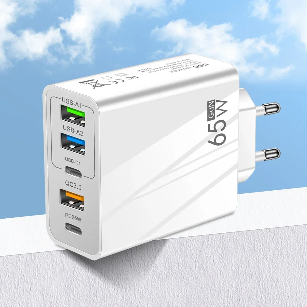 Cargador Pared Rápido 65W (PD + 3 USB-A 3.1A) Adaptador Viaje Multi-Interfaz Enchufe EU/US para Samsung/Xiaomi/iPhone