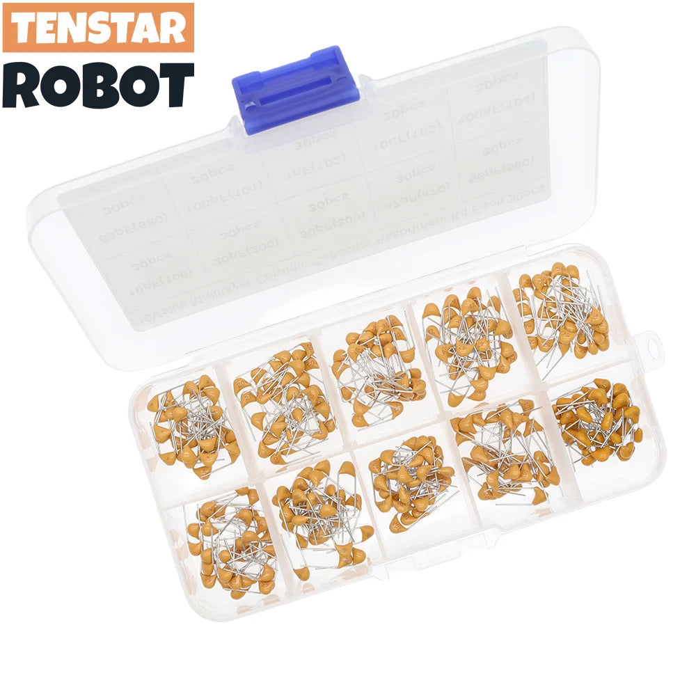 Kit Surtido Capacitor Cerámico Multicapa (10pF-100nF, 50V, 10 Valores x 30 Unidades) - Pack 300 Piezas