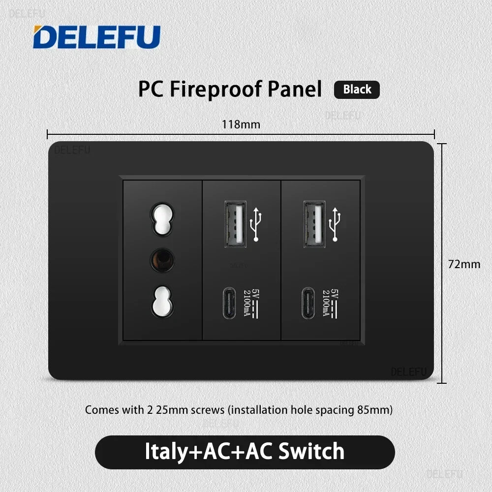 Enchufe Pared Delefu Italia/Chile PC Negro USB-C Carga Rápida + Schuko + Switch Smart Tuya WiFi + SAT/TV/TEL/Timbre