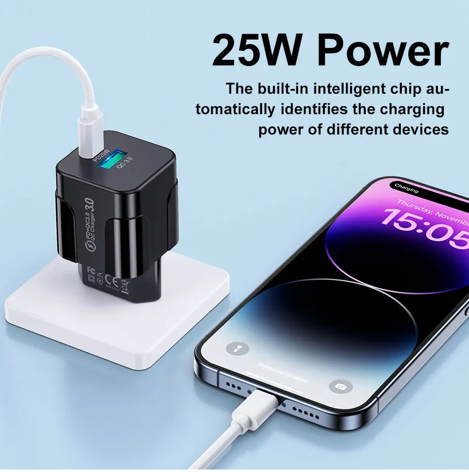 Cargador Pared Rápido PD 25W USB Tipo C (Enchufe Coreano KR) para iPhone 15 Pro Max