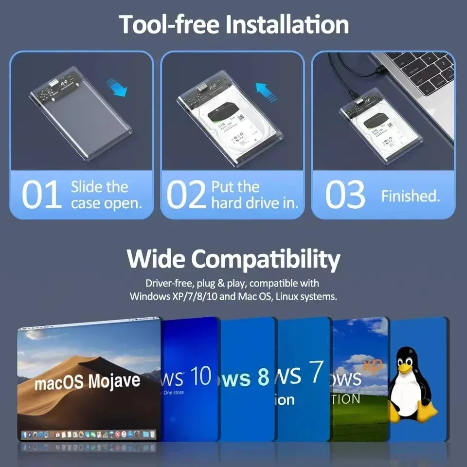 Carcasa Externa USB 3.0/Tipo C para Disco Duro HDD/SSD SATA 2.5" (UASP, Transparente, Portátil, Tool-Free)