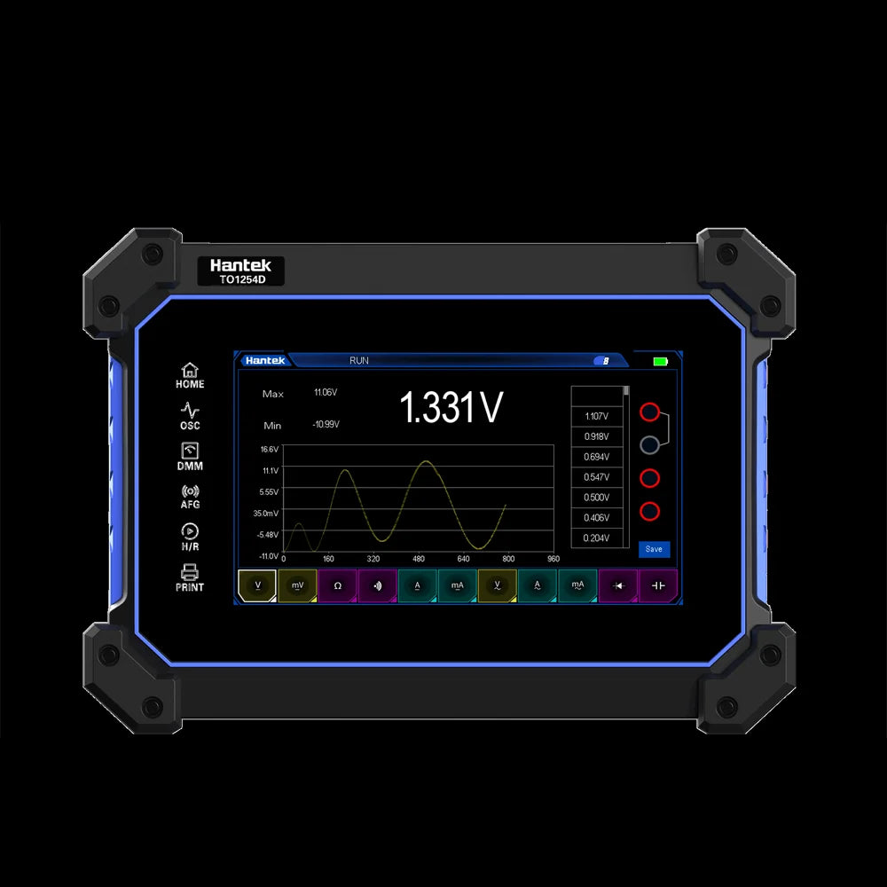 Osciloscopio Digital Hantek TO1112D Pantalla Táctil 2 Canales 110MHz Portátil + Generador Señal + Multímetro
