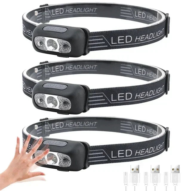 Linterna Frontal LED Portátil Luz Fuerte con Sensor (Recargable USB) para Camping Exterior/Pesca/Emergencia
