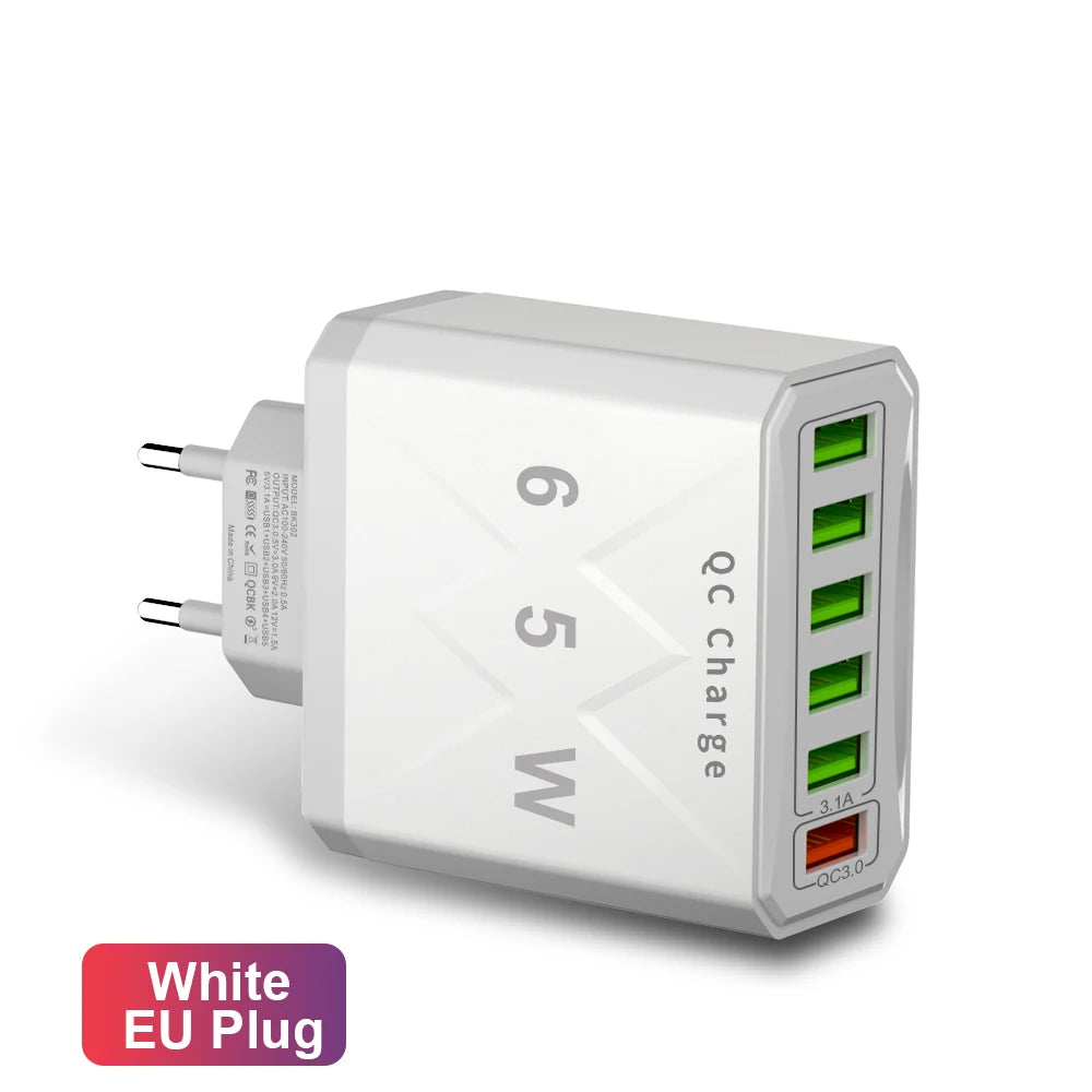 Adaptador Cargador Viaje Rápido USB 3.1A 6 en 1 Multi-Enchufe QC3.0 para iPhone 12/13/Samsung/Xiaomi